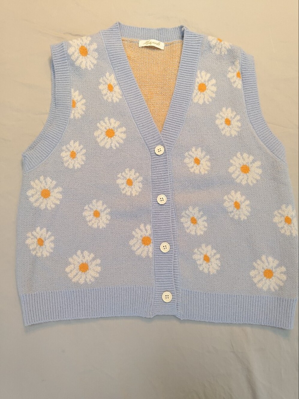 Hyipels Blue Daisy Knit Sweater Vest Cottagecore Preppy Sz Large Button Up